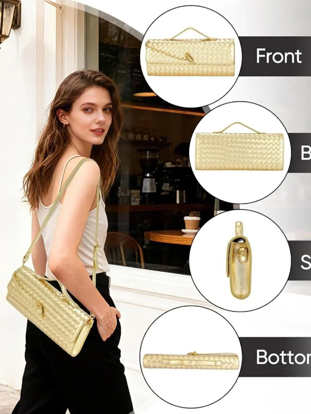 Women's Gold Pu Leather Clutch Twist Lock Stylish Evening Woven Purse Bag
